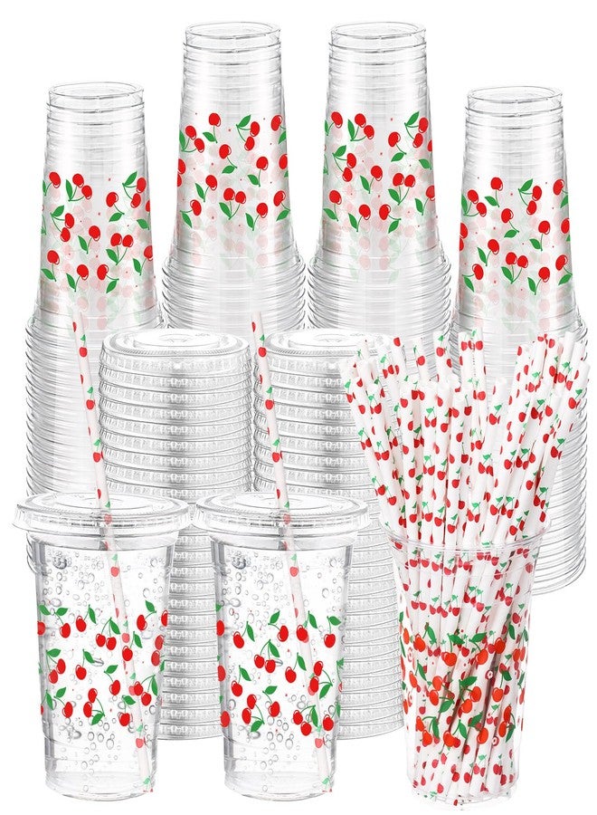 Funnymoom 50 Sets Cherry Disposable Plastic Cups Bulk with Lids Straws 16 oz Red Cherry Clear Plastic Cups Flower Cold Beverage Drinking Container for baby shower Birthday Daily Holiday Party Supplies - Image 1